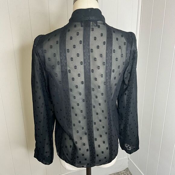 Vintage Loren Women Medium Open Front Dot Pattern Sheer Blouse Black Long Sleeve - Picture 8 of 15